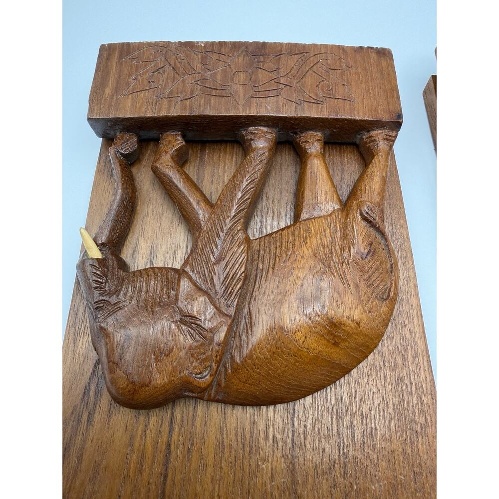 Vintage Wooden Carved Elephant Folding Bookends Set of 2 Brown Hand Carved - Picture 4 of 12